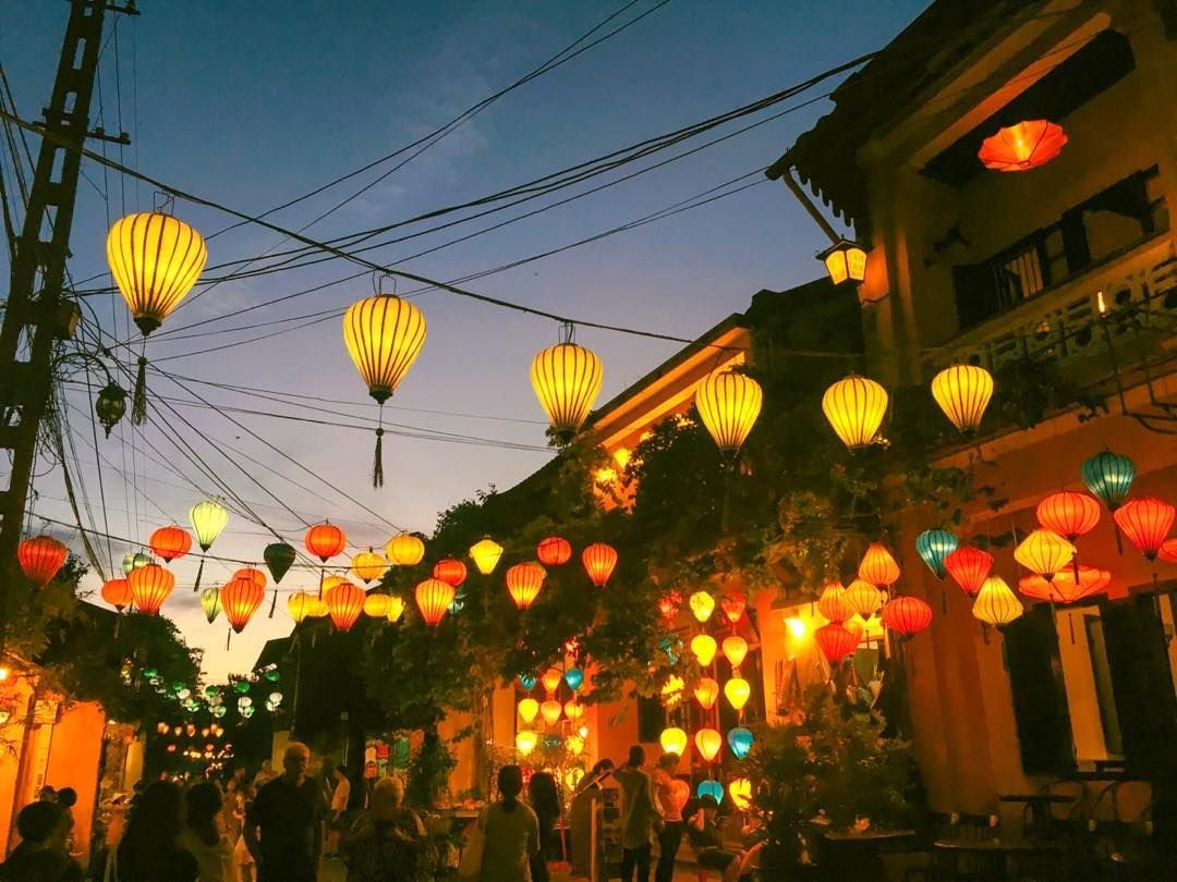 Colorful lantern street at night.