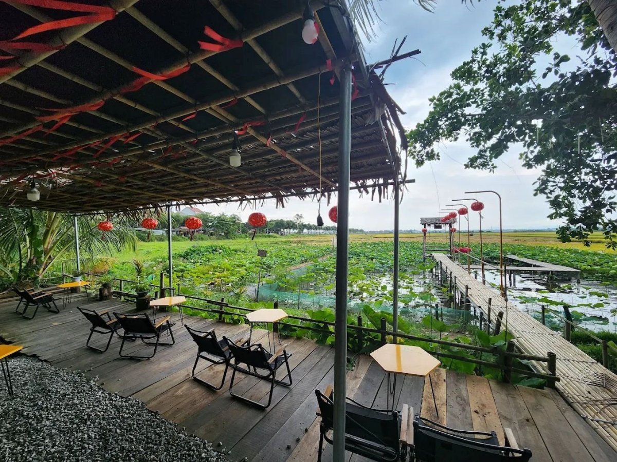 Góc ngồi thoáng đãng bên hồ sen, thích hợp để nghỉ chân và tận hưởng không gian xanh tại An Nhiên Garden Coffee
